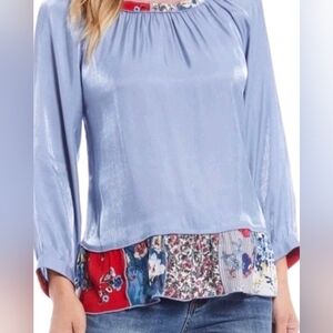 John Mark Women's Medium Blue Haze French Blue Patchwork Peasant Top Rayon/Poly